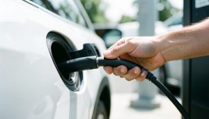 A hand plugging a fast-charging connector into an electric car's charge port at a charging station