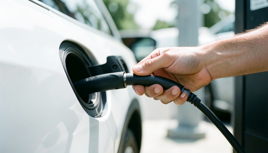 A hand plugging a fast-charging connector into an electric car's charge port at a charging station