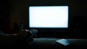 A hand holding a TV remote pointed at a glowing television in a dim living room with a credit card nearby