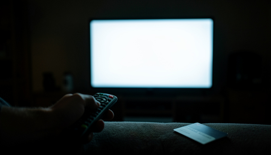A hand holding a TV remote pointed at a glowing television in a dim living room with a credit card nearby