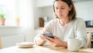 A person at a bright kitchen table tapping a smartphone with a puzzled expression, a coffee mug beside them