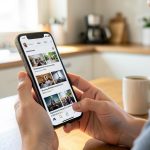 A person at a kitchen table holding a smartphone that shows a news feed of article cards, next to a coffee mug