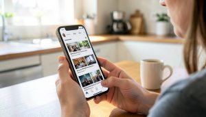 A person at a kitchen table holding a smartphone that shows a news feed of article cards, next to a coffee mug
