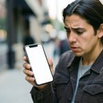 A person on a city sidewalk looking at a smartphone as a page fails to load on cellular data