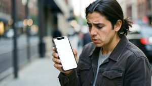 A person on a city sidewalk looking at a smartphone as a page fails to load on cellular data