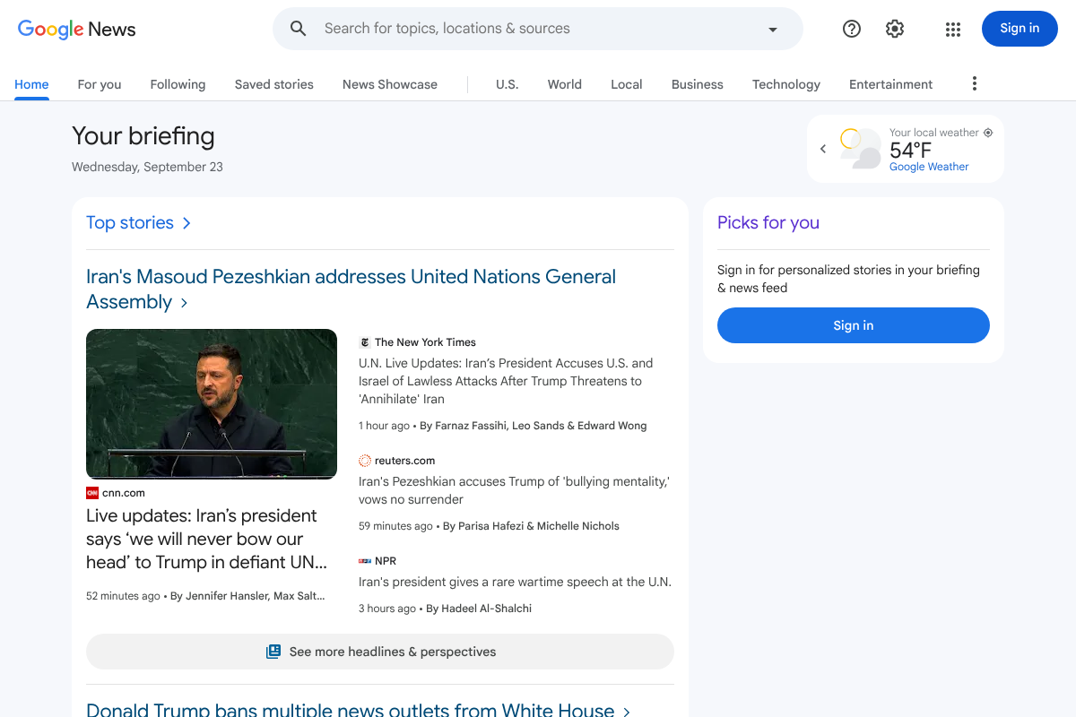 Google News homepage showing a personalized briefing with top stories