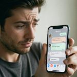 A person looking frustrated at an Android phone filling with news notification pop-ups
