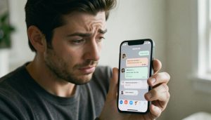 A person looking frustrated at an Android phone filling with news notification pop-ups
