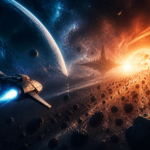 A spaceship approaching a glowing star with an asteroid belt and a distant space station
