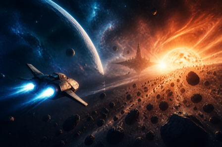 A spaceship approaching a glowing star with an asteroid belt and a distant space station