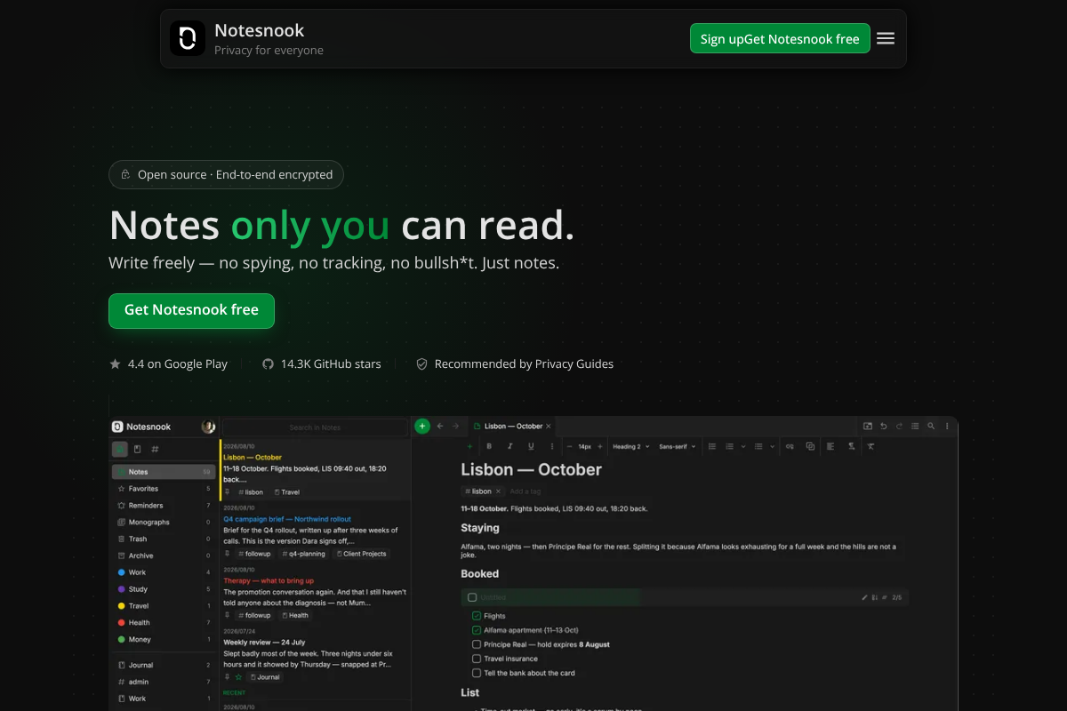 Notesnook homepage showing its notebooks and tags