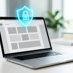 A laptop showing an abstract workspace with a glowing blue shield-and-lock icon floating above the screen