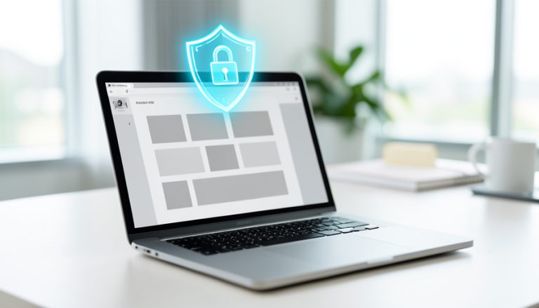 A laptop showing an abstract workspace with a glowing blue shield-and-lock icon floating above the screen