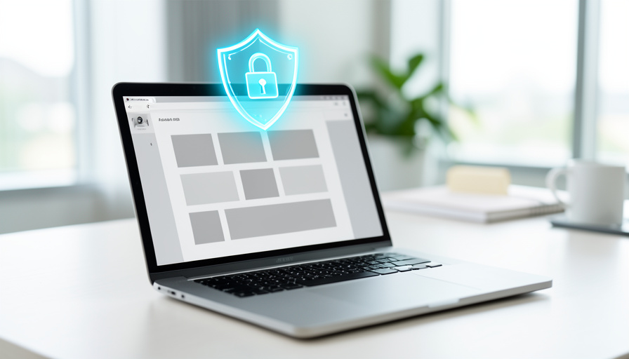 A laptop showing an abstract workspace with a glowing blue shield-and-lock icon floating above the screen