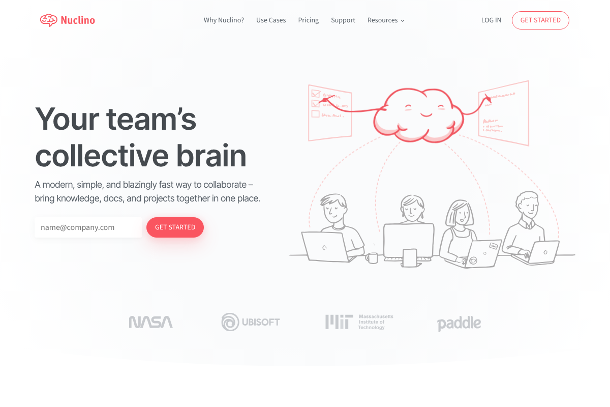 The Nuclino website showing its team knowledge tool