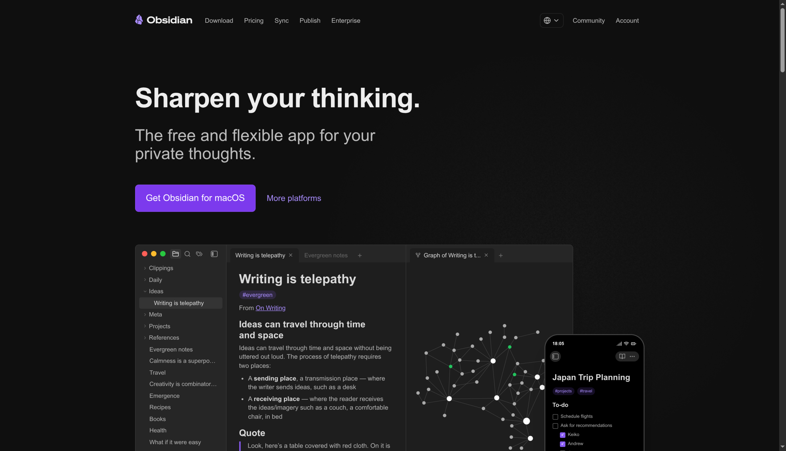 Obsidian note-taking app homepage