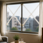 An apartment window with tape applied in a cross pattern across the glass in a calm interior