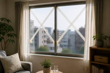 An apartment window with tape applied in a cross pattern across the glass in a calm interior