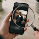 A hand holding a phone showing a blurred video under a magnifying glass