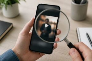 A hand holding a phone showing a blurred video under a magnifying glass