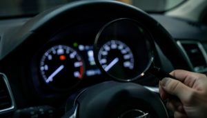 A hand holding a magnifying glass up to a car's dashboard instrument cluster in low light