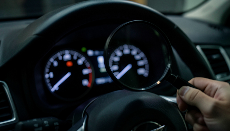 A hand holding a magnifying glass up to a car's dashboard instrument cluster in low light