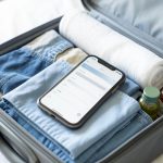 An open suitcase with folded clothes, a rolled towel, and toiletries, with a smartphone showing a checklist resting on top