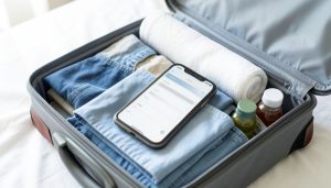 An open suitcase with folded clothes, a rolled towel, and toiletries, with a smartphone showing a checklist resting on top