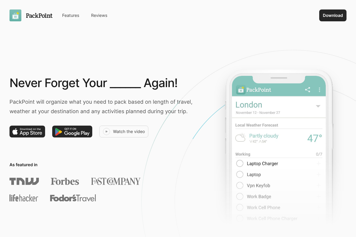 The PackPoint packing app website showing a weather-based packing list for a London trip