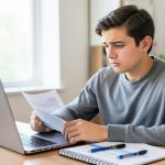 A student at a laptop reading a printed document at a desk, looking concerned, with a notebook and pens nearby