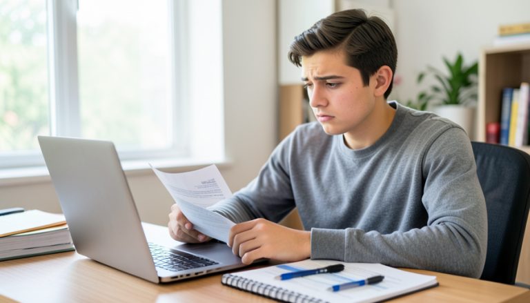 A student at a laptop reading a printed document at a desk, looking concerned, with a notebook and pens nearby