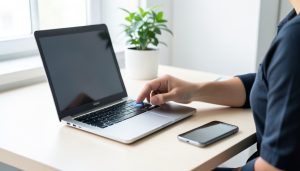 A person signing in to a laptop with a fingerprint sensor, a smartphone resting beside it on a bright desk