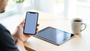A person holding a smartphone with a blank screen while a tablet lies on the desk beside a coffee mug