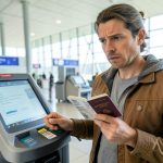 A traveler at an airport self-service kiosk holding an open passport and a boarding pass, looking concerned