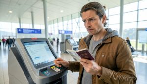 A traveler at an airport self-service kiosk holding an open passport and a boarding pass, looking concerned