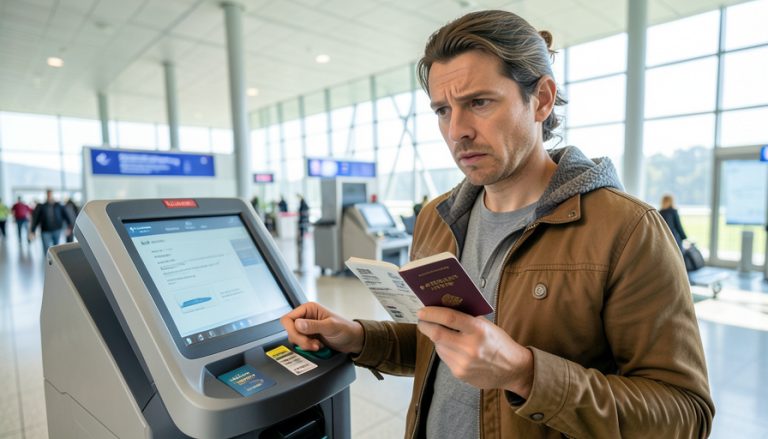 A traveler at an airport self-service kiosk holding an open passport and a boarding pass, looking concerned