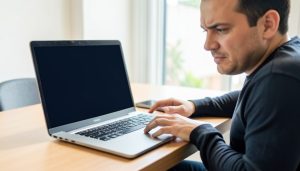 A person at a desk looking at a laptop with a blank screen and a frustrated expression, a phone on the desk beside them