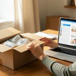 An online seller packing a product into a shipping box beside a laptop showing a store dashboard and a card reader