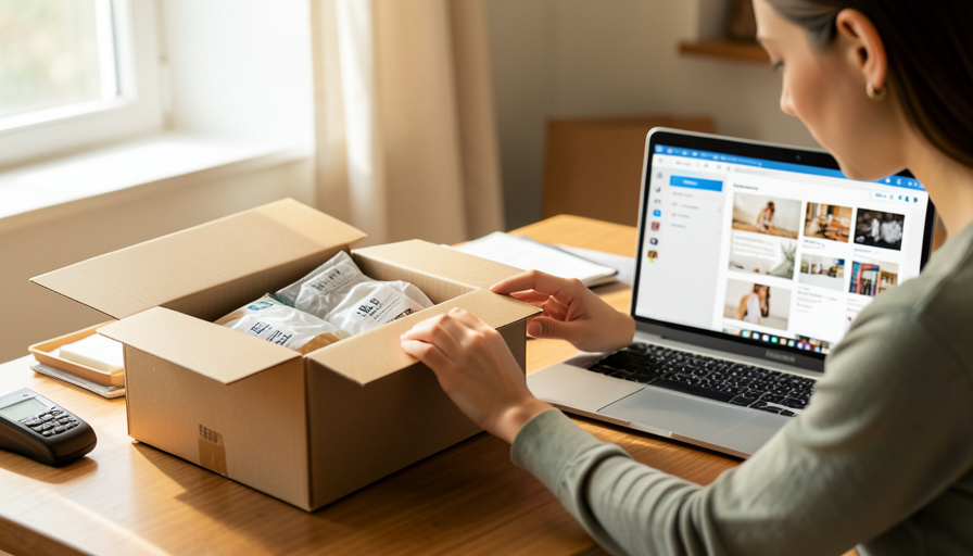 An online seller packing a product into a shipping box beside a laptop showing a store dashboard and a card reader