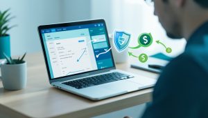 A laptop showing a payment dashboard with a shield icon and money-transfer arrows, representing protected freelance payments