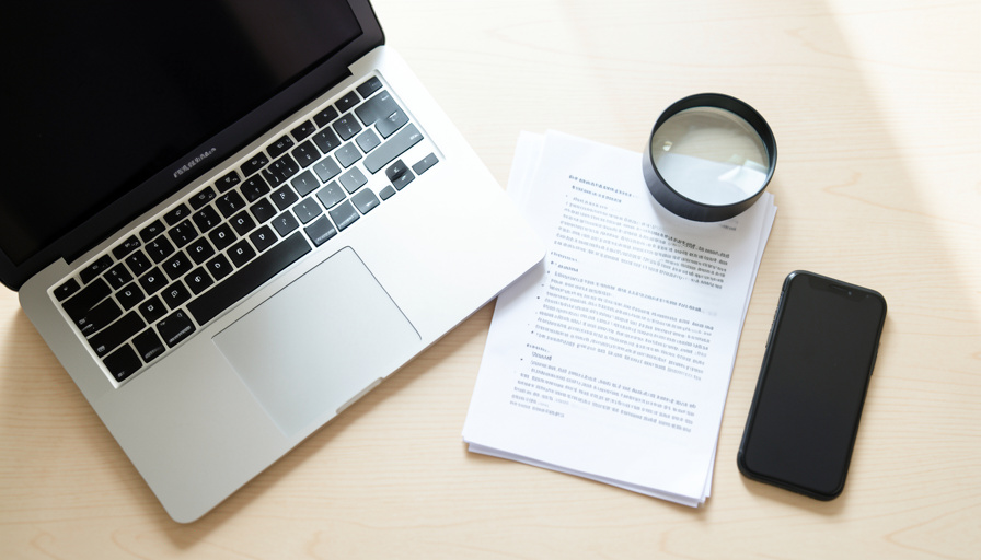 An overhead desk flat lay with a laptop, a stack of printed pages, a magnifying glass over a document, and a smartphone