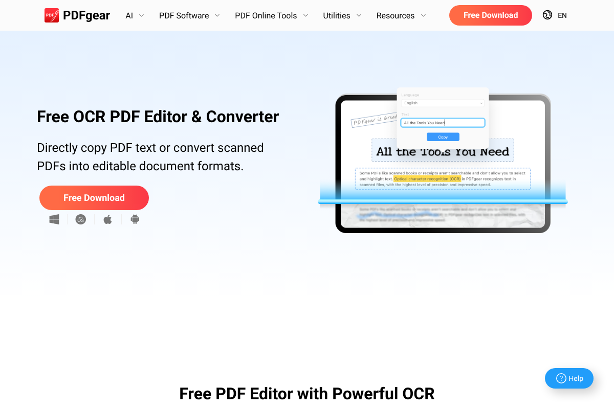 The PDFgear website headline reading Free OCR PDF Editor and Converter with a Free Download button