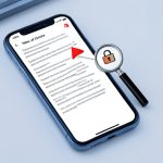 A smartphone showing an app terms screen with a red warning flag pointing at a clause and a magnifying glass over a padlock