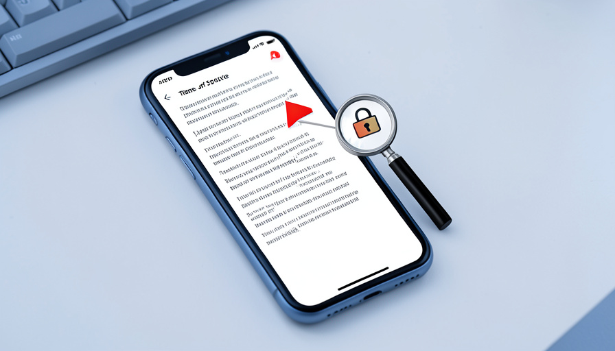 A smartphone showing an app terms screen with a red warning flag pointing at a clause and a magnifying glass over a padlock