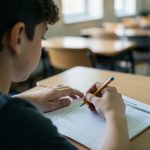 A teenage student filling in a multiple-choice answer sheet with a pencil at a school exam desk