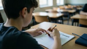 A teenage student filling in a multiple-choice answer sheet with a pencil at a school exam desk