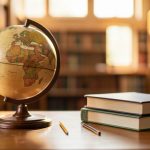 A desk globe beside a stack of textbooks and a pencil in warm library light