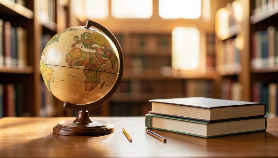 A desk globe beside a stack of textbooks and a pencil in warm library light