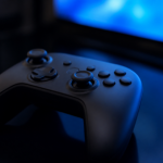 A generic game controller on a dark reflective surface lit by a blue screen glow