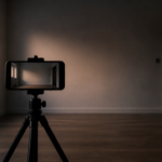 A smartphone on a tripod facing an empty, dimly lit room